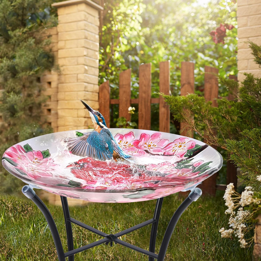 VCUTEKA Outdoor Bird Bath, Glass BirdBath with Metal Stand for Garden Decor | 18" D 22" H Bird Baths for Outdoors, Glass Cardinal Large Bird Bath for Garden, Bird Lovers, Yards, Patio, Decor