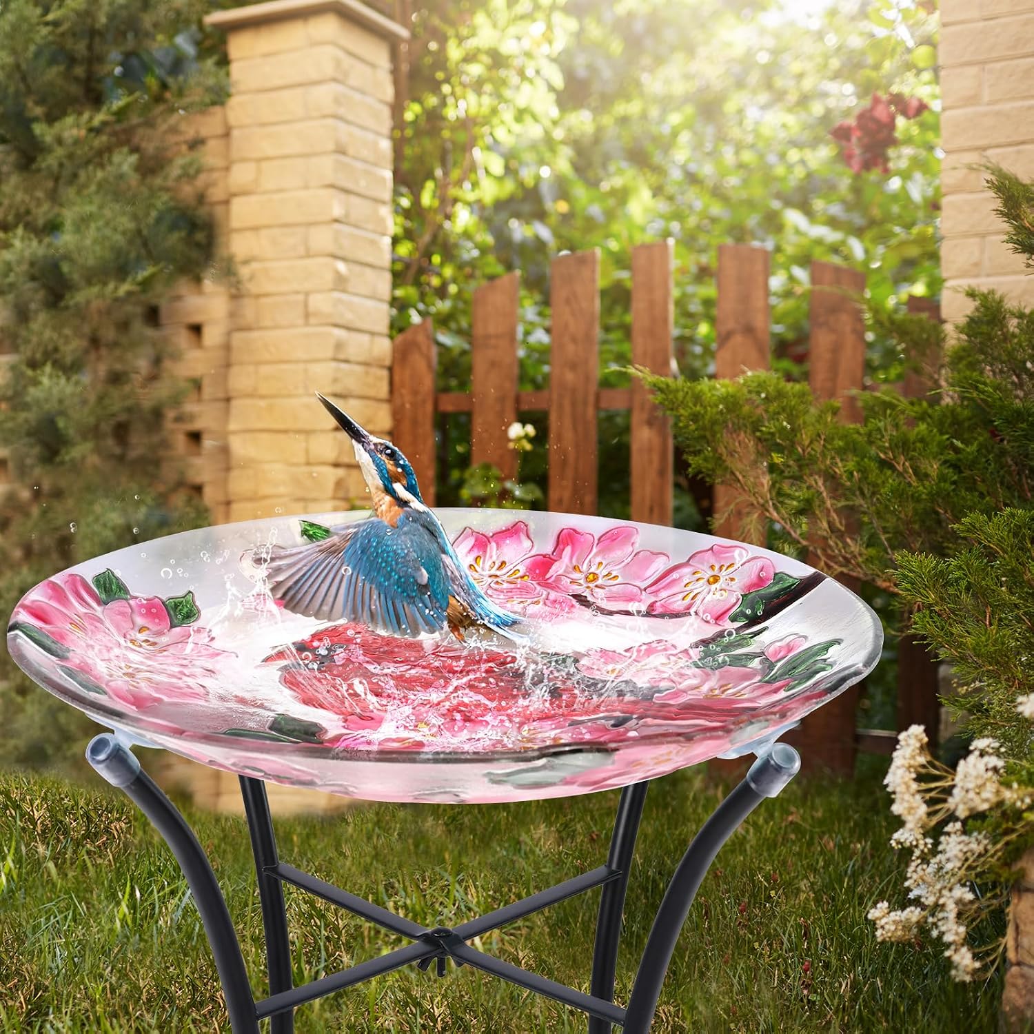 VCUTEKA Outdoor Bird Bath, Glass BirdBath with Metal Stand for Garden Decor | 18" D 22" H Bird Baths for Outdoors, Glass Cardinal Large Bird Bath for Garden, Bird Lovers, Yards, Patio, Decor