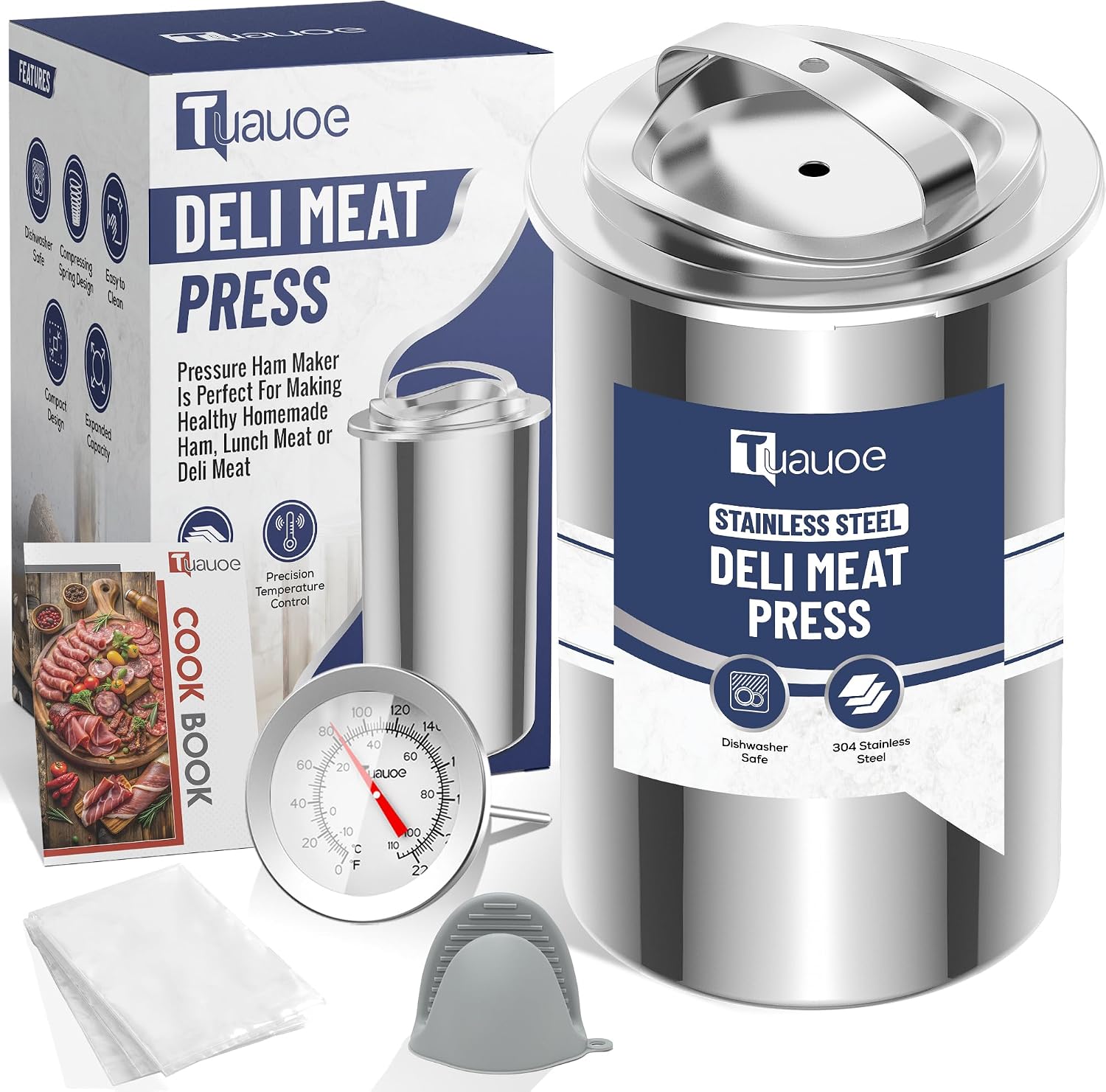 Deli Meat Press Stainless Steel, Lunch Meat Maker with Thermometer, Silicone Mittens and 5 Cooking Bags, Ham Press Mold for Making Homemade Healthy Deli Poultry Patty, Funny Kitchen Gift