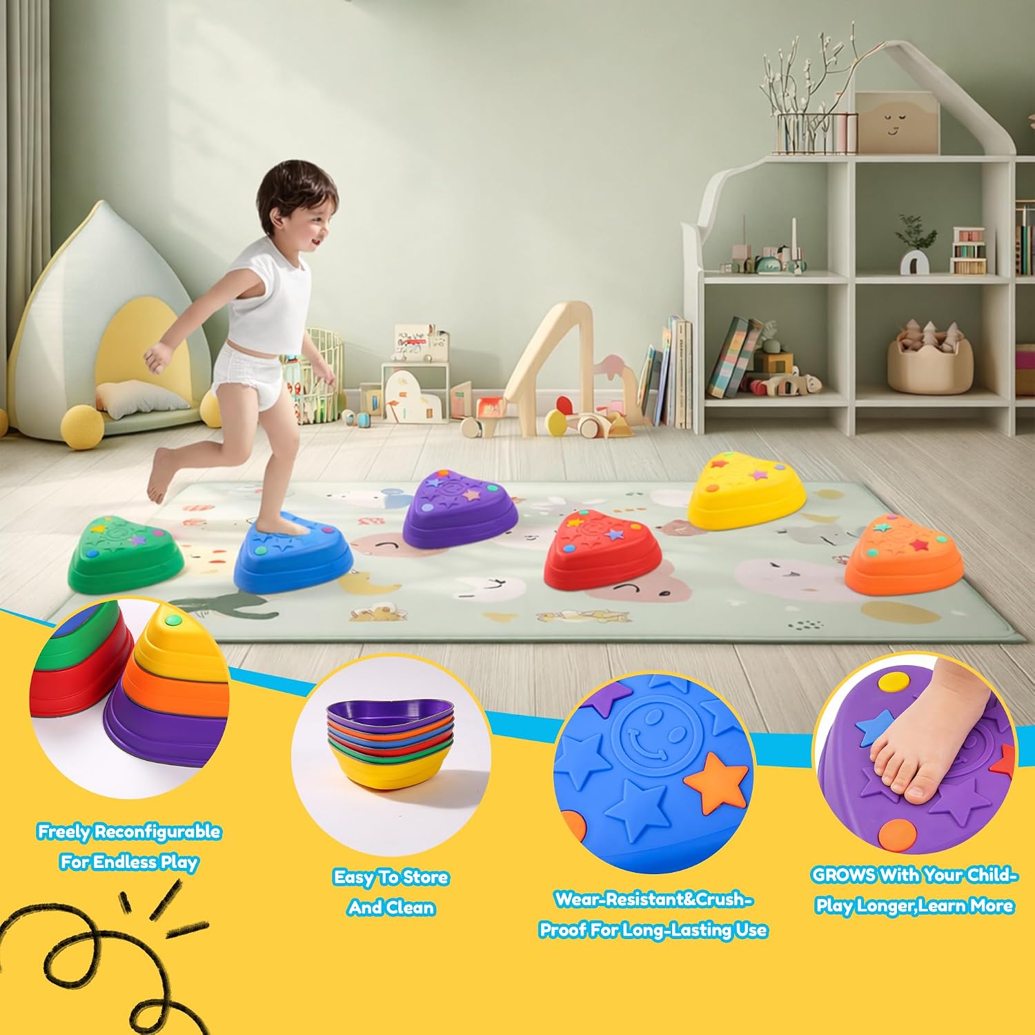 Balance Stepping Stones for Kids – 6PCS Heart-Shaped Sensory Stepping Stones with Non-Slip Textures, Balance Stones for Ages 3-12