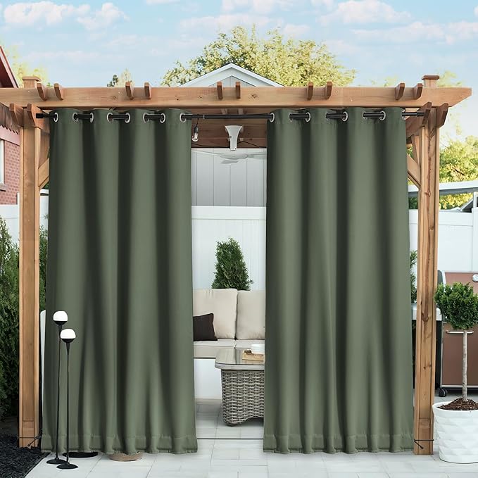 NICETOWN 2 Panels Outdoor Curtains Waterproof Fixed Grommet/Back Tab on Top & Bottom, Thermal Insulated Windproorf Sun Blocking Outdoor Drapes with Rope for Patio/Gazebo, W52 x L84, Greyish Green