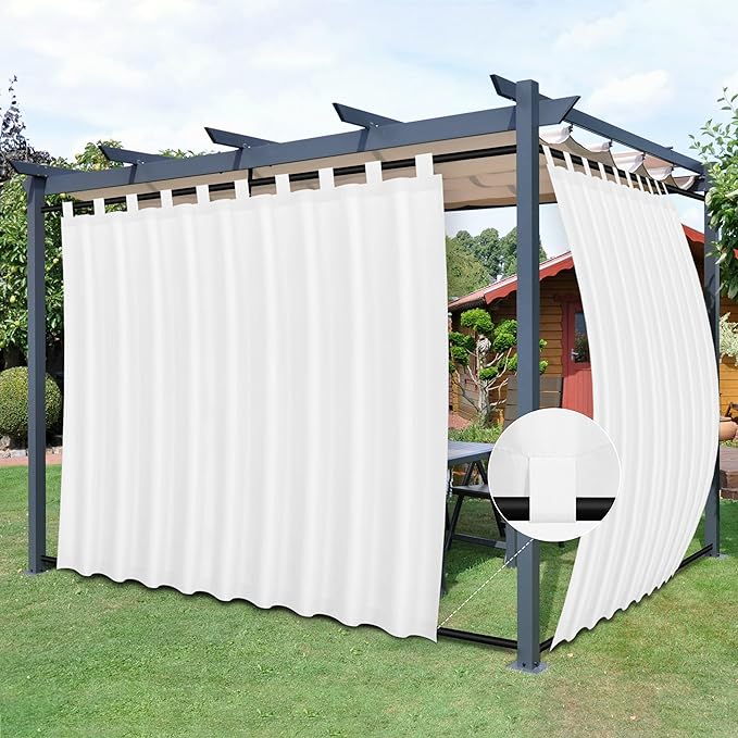 Easy-Going Outdoor Patio Curtains Detachable Tab Top Windproof Weatherproof Curtain for Cabana, Porch, Pergola and Gazebo, Tab Bottom Drape, 2 Panels, 110W x 120L inch, White