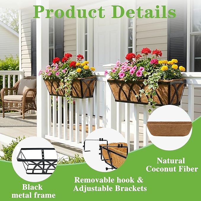 Window Deck Railing Planters Boxes with Coconut Liner, The Bottom Flat Window Boxes Planter Flower Boxes Metal Black Balcony Planters Railing Hanging for Outdoor Fence Porch Patio Lawn(2Pcs 24 Inch)