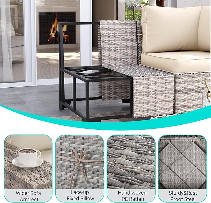 12-Piece Outdoor Patio Furniture Set Wicker Sectional Sofa Set, Patio Conversation Set with Thickened Cushions & Coffee Table for Garden, Backyard, Poolside, White
