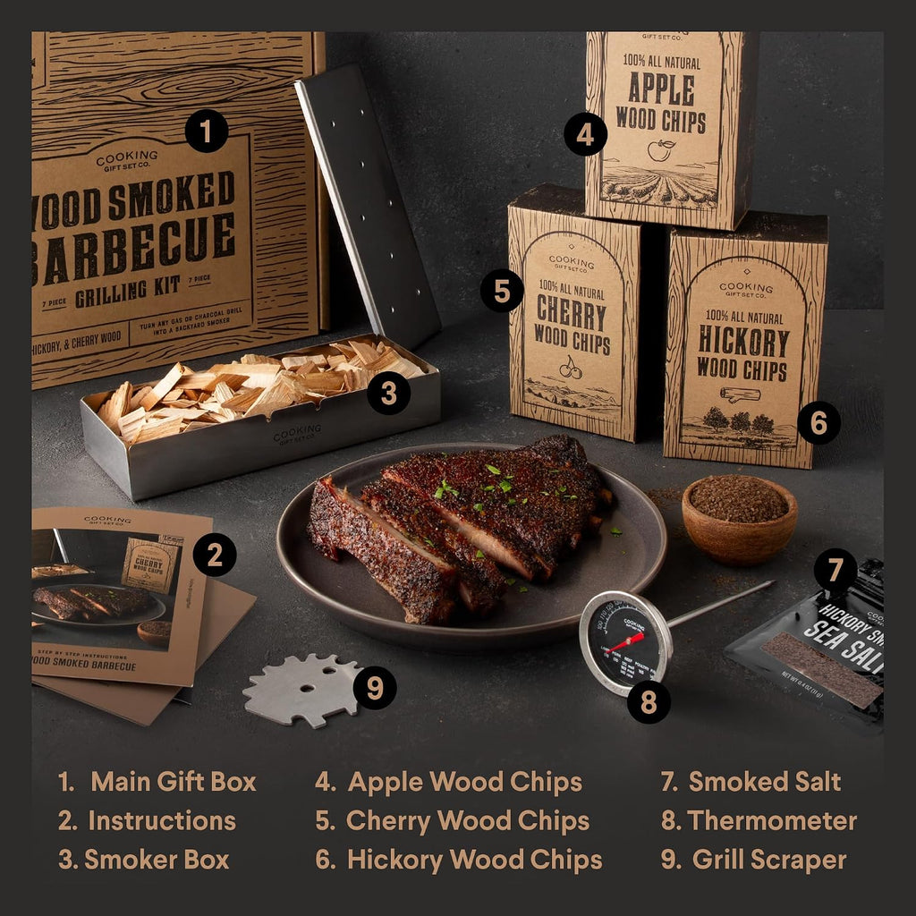 Grilling Accessories BBQ Smoker Box Grill Kit - Stainless Steel Smoke Box | 8-Piece BBQ Smoking Set, 304 Stainless Steel, Meat Thermometer, Grate Scraper, Recipe Cards, Fathers Day Gifts, BBQ Lovers