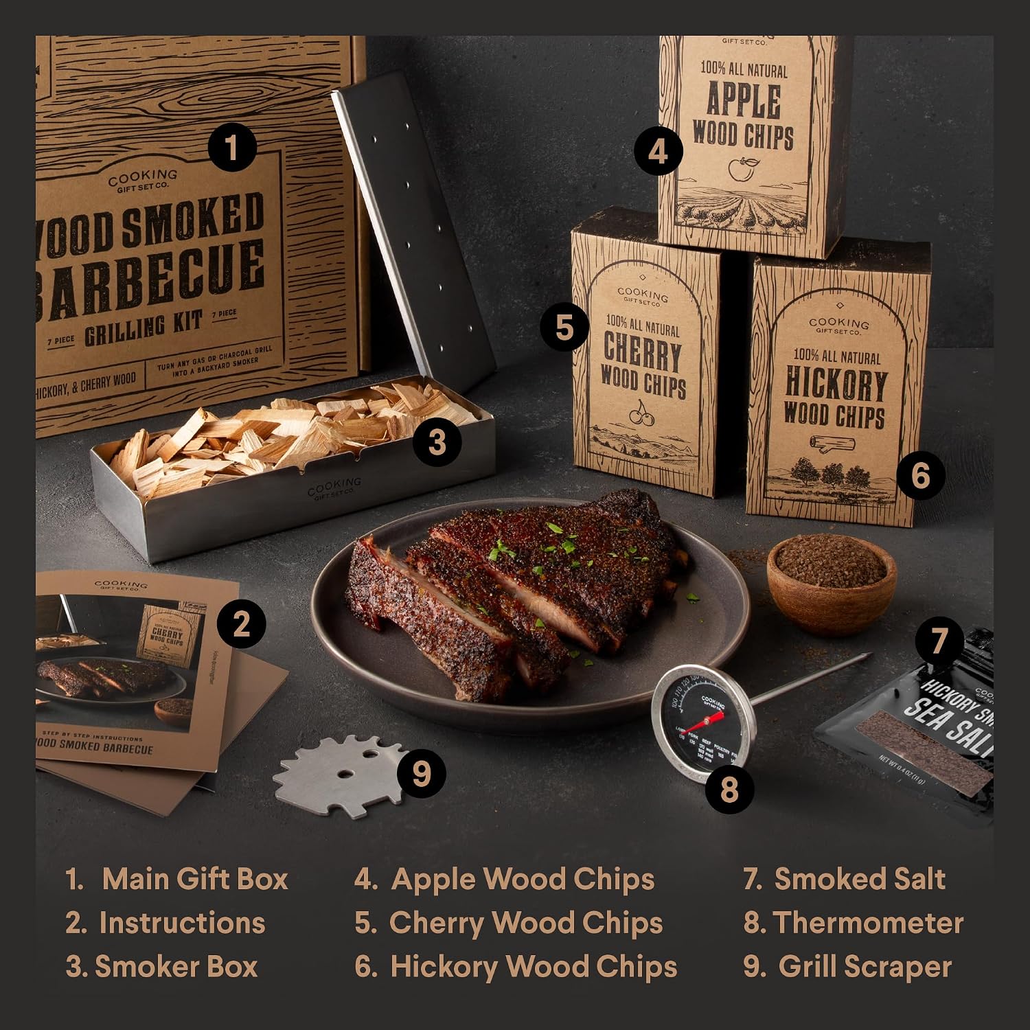 Grilling Accessories BBQ Smoker Box Grill Kit - Stainless Steel Smoke Box | 8-Piece BBQ Smoking Set, 304 Stainless Steel, Meat Thermometer, Grate Scraper, Recipe Cards, Fathers Day Gifts, BBQ Lovers