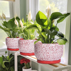 SQOWL Ceramic Planters for Indoor Plants - 10 Inch Flower Pots with Drainage Hole and Saucer, Decorative Ceramic Plant Pots, Round Large Planter Outdoor, Room Decor, Housewarming Gifts, Red and White