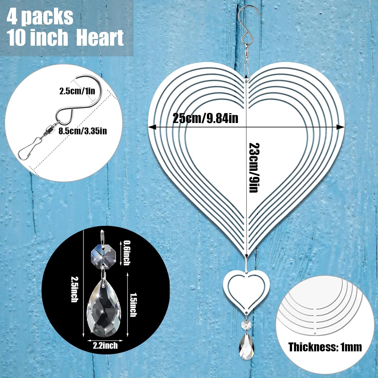 4Pack 10inch Sublimation Wind Spinner Blanks 3D Aluminum Metal Wind Sculpture Kinetic Spinners for Yard and Garden Indoor Art Ornaments Hanging Decoration (Heart)