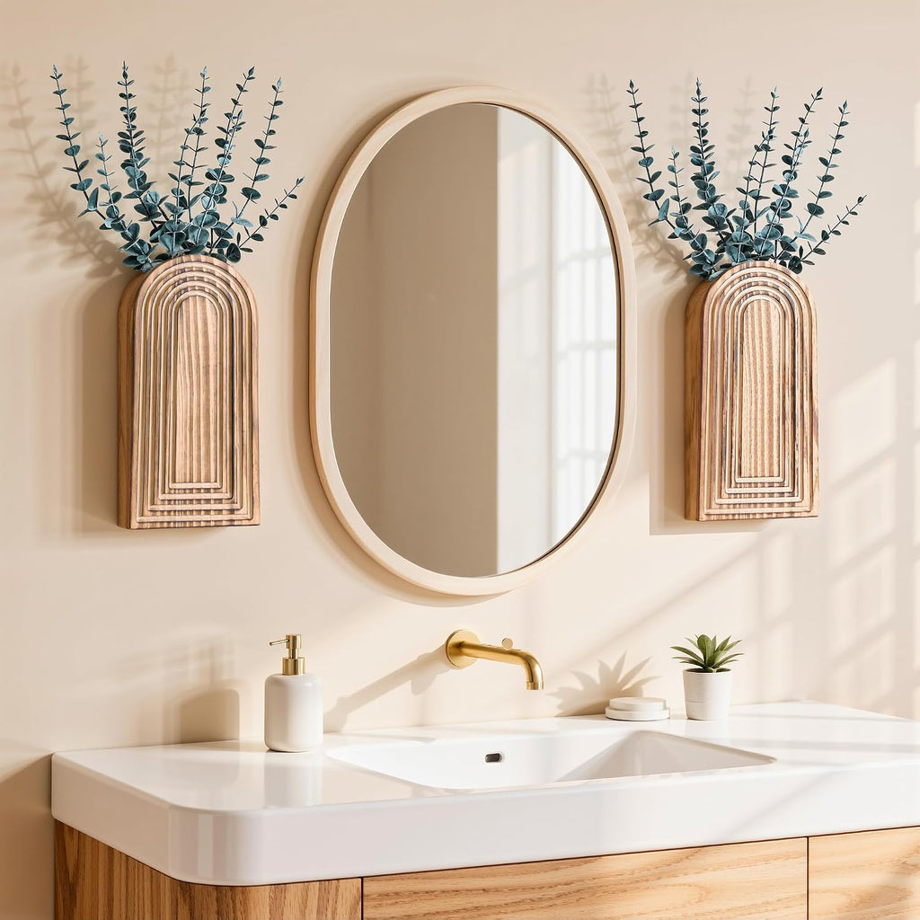 DREAMLOOM 2 Pack Wooden Wall Vases with Eucalyptus Artificial Plants, Wall Hanging Planters Boho Modern Farmhouse Indoor for Narrow Spaces Entryway Bathroom Home Office Decoration, Brown