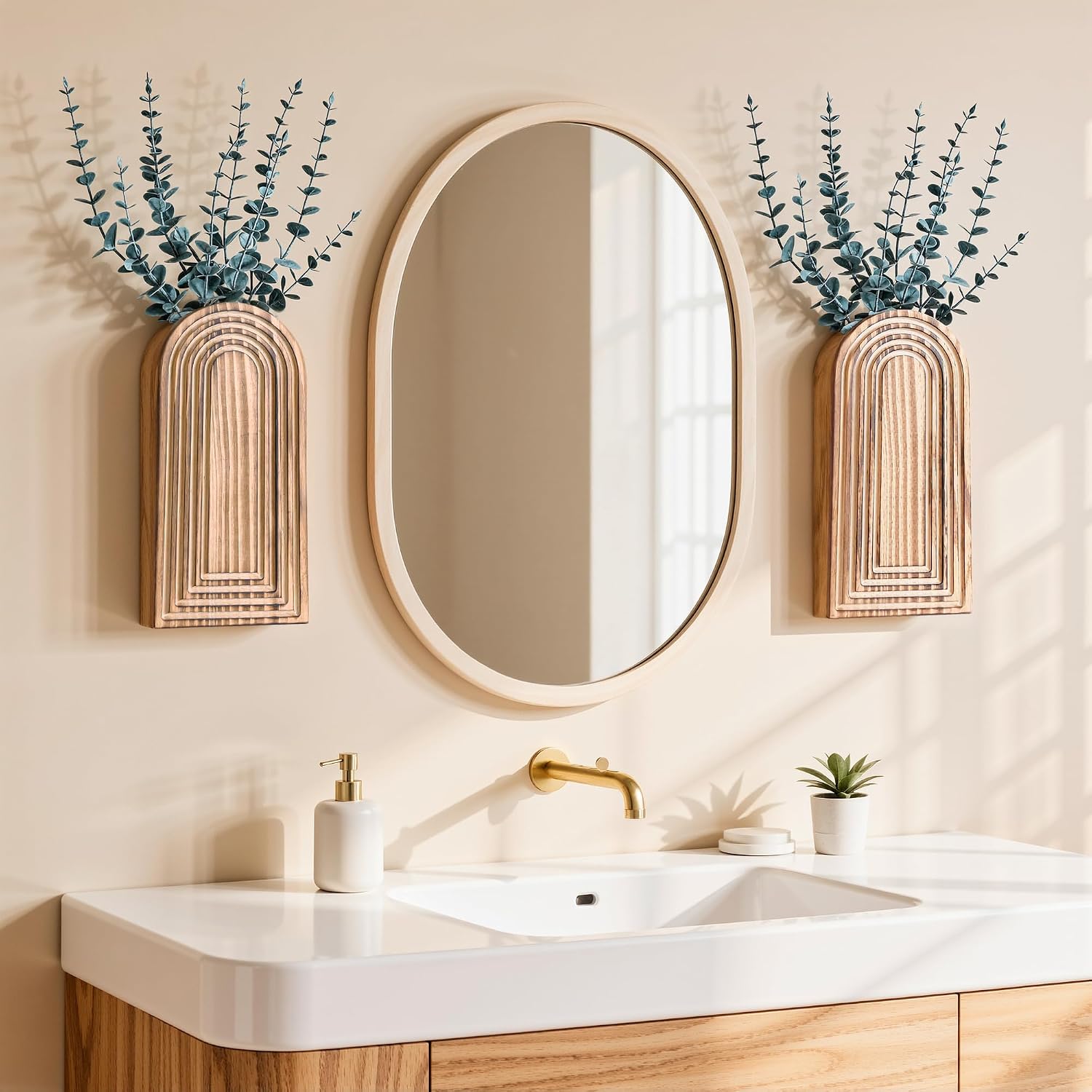 DREAMLOOM 2 Pack Wooden Wall Vases with Eucalyptus Artificial Plants, Wall Hanging Planters Boho Modern Farmhouse Indoor for Narrow Spaces Entryway Bathroom Home Office Decoration, Brown
