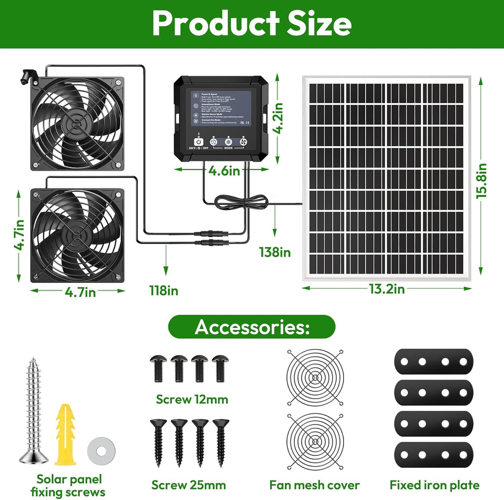 solar powered fan with 7500mah battery, solar exhaust, front angle view