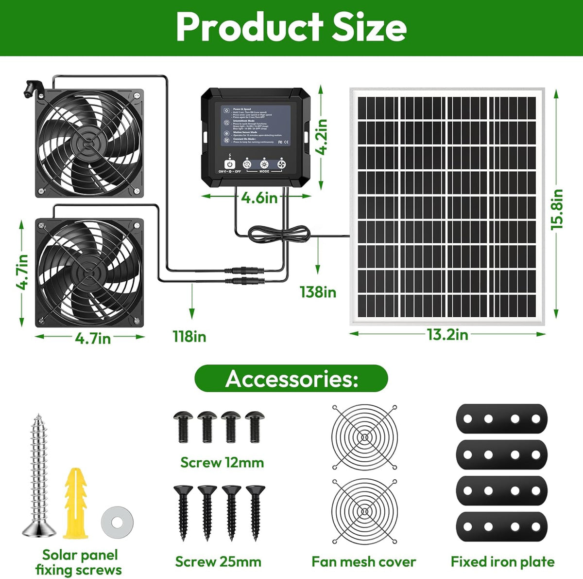 solar powered fan with 7500mah battery, solar exhaust, front angle view