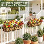HFHOME 4 Pcs 30" Window Box Deck Railing Planter with Horse Trough Coco Liners, Black Metal Hanging Flower Planters Baskets for Indoor, Outdoor, Balcony, Porch, Fence, Patio, and Lawn