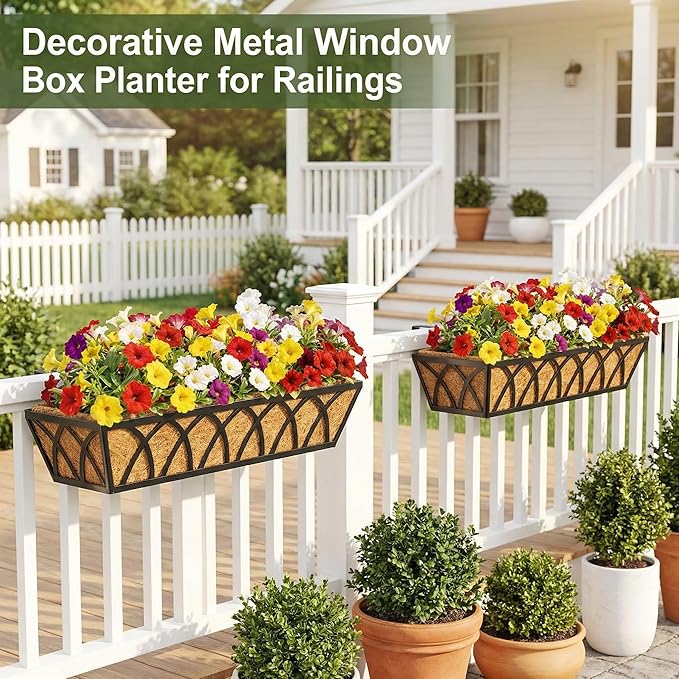 HFHOME 4 Pcs 30" Window Box Deck Railing Planter with Horse Trough Coco Liners, Black Metal Hanging Flower Planters Baskets for Indoor, Outdoor, Balcony, Porch, Fence, Patio, and Lawn