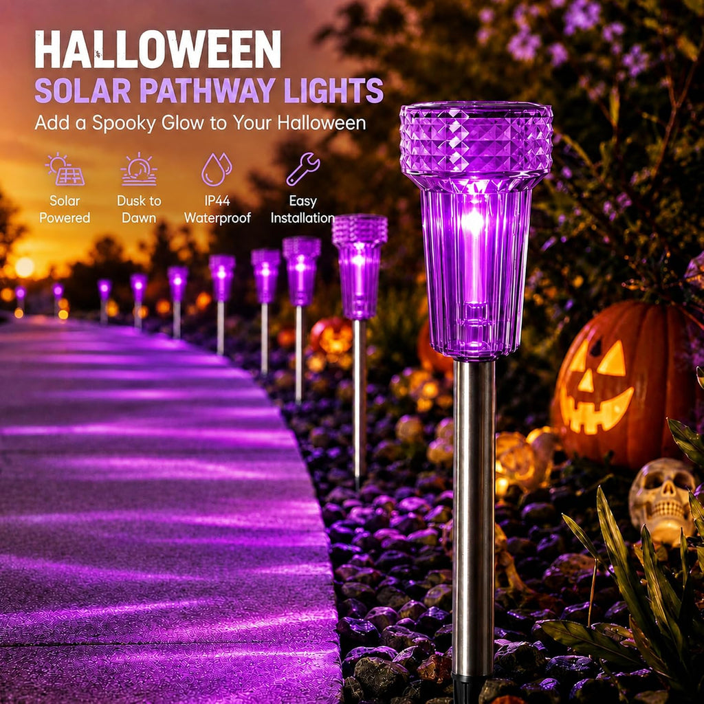 Halloween Solar Lights Outdoor Waterproof Purple Landscape Lights, 8 Pack | Halloween Solar Pathway Lights Purple Led Yard Lights for Walkway,Path with Auto On/Off Lighting Halloween Decor