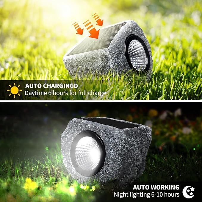 Solar Rock Lights Outdoor 4 Pack, Bright Solar Spotlights Outdoor Waterproof, Wireless LED Rock Lights, Auto On/Off Landscape Spotlights Walkway Solar Lights for Outside Yard Patio Pathway Flowerbed