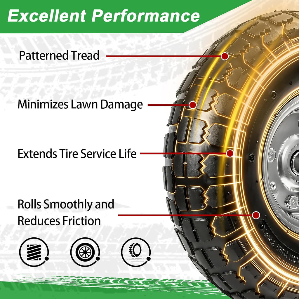 10" heavy-duty replacement tires, 4.10/3.50-4" for gorilla carts,hand, close-up detail