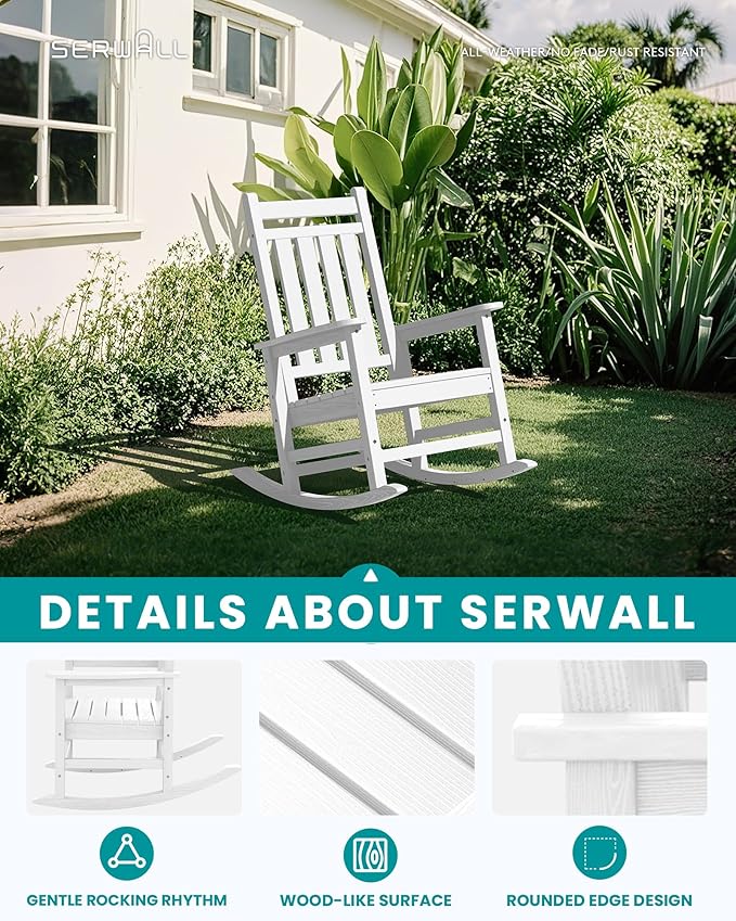 SERWALL HDPE Outdoor Rocking Chair Set of 8, Patio Rocking Chairs for Adults, All Weather Outdoor Rockers for Lawn, White