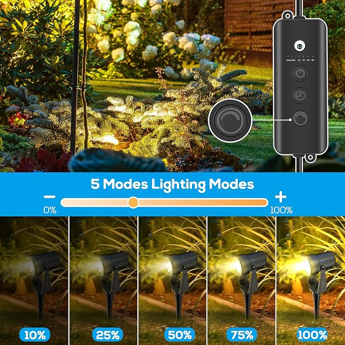 ZYAN Landscape Spotlights with Sensor, 5 Lighting Modes for Brightness Adjustment, Dimmable Timer Auto On Off, Low Voltage Outdoor IP65 Waterproof for Patio Yard Garden Pathway, Warm White (4 Pack)