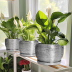 SQOWL Ceramic Pot for Plants - 10 Inch Planter Indoor, Round Large Planter Outdoor with Drainage Hole and Plant Saucer, Decorative Ceramic Flower Pot, Kitchen Decor, Housewarming Gifts, Silver