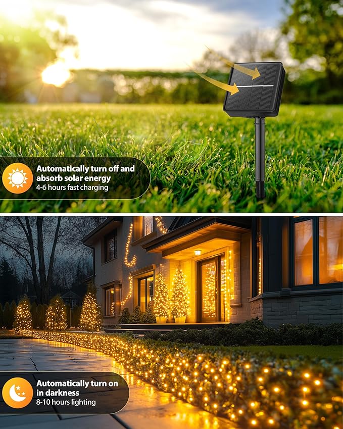 Brightown 4 Pack Solar String Lights for Outside, 184Ft 480 LED Solar Lights Outdoor Waterproof with 8 Modes, Solar Outdoor String Light for Patio Yard Tree Garden Party Decorations, Warm White