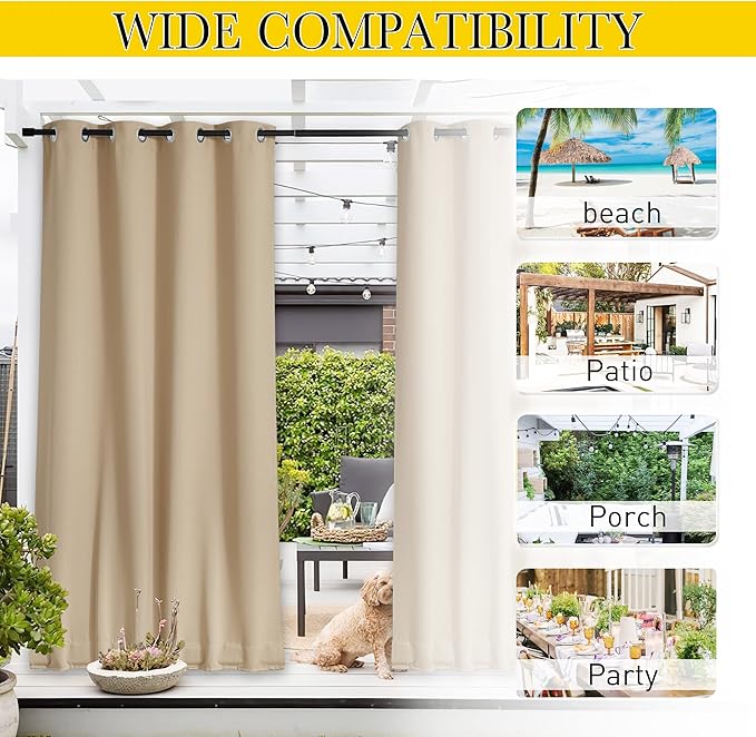NICETOWN 2 Panels Outdoor Patio Curtains Windproof & Waterproof, Top & Bottom Grommet & Back Tab Light Blocking Drapes Keep Privacy for Yard/Porch with Ropes for Fixed, Biscotti Beige, W52 x L72