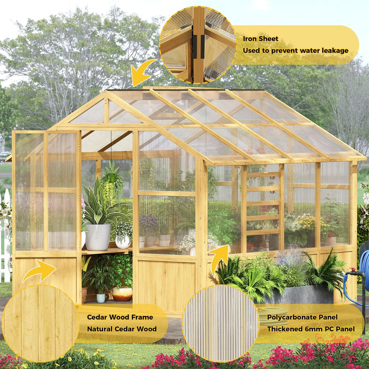 lynslim 8 x 8 ft outdoor wooden greenhouse, side view