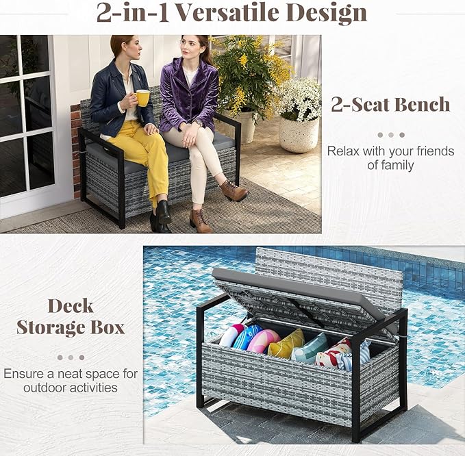 Tangkula 40 Gallon Outdoor Bench with Storage, Patio Wicker Storage Bench with Cushion, Cover, Metal Frame, Deck Box Seat for Backyard, Poolside, Balcony, Garden
