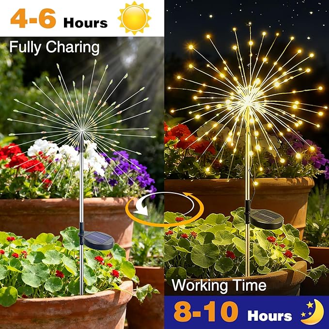 btfarm 6 Pack 120 LED Solar Garden Lights Outdoor, 8 Modes Firework Lights Solar Powered, Waterproof Twinkle Fairy Light Outside for Yard Patio Pathway Pool Christmas Party Decorative, Warm White