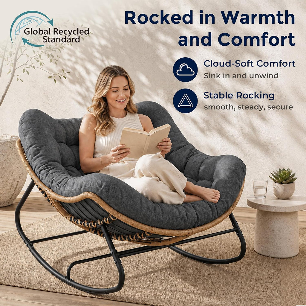 Papasan Rocking Chair, Outdoor Wicker Egg Rocker with Cushion, Grey | Comfy Oversized Reading Chair, Cozy 30°-Rock Bed with 6" Cushion, Steel Frame 450LBS Capacity for Patio Porch Lawn
