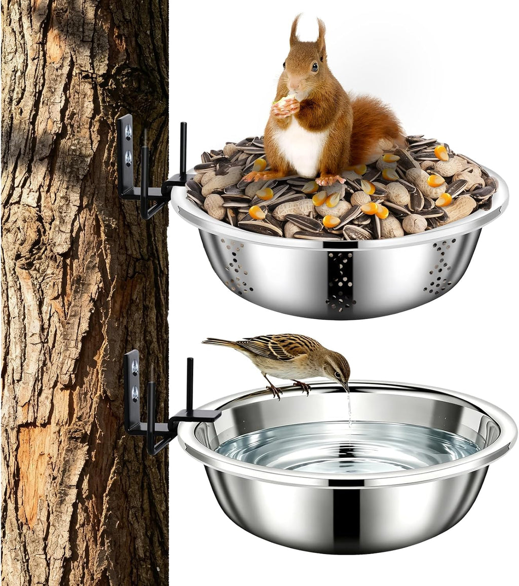 Squirrel Feeders for Outside, Metal Durable Bowl Tree Mounted of Chipmunk Feeder, Squirrel Food for Backyard Squirrels Hold Corn, Corn Cob, Peanuts (8.5Inch - 1 Food Stand 1 Water Stand