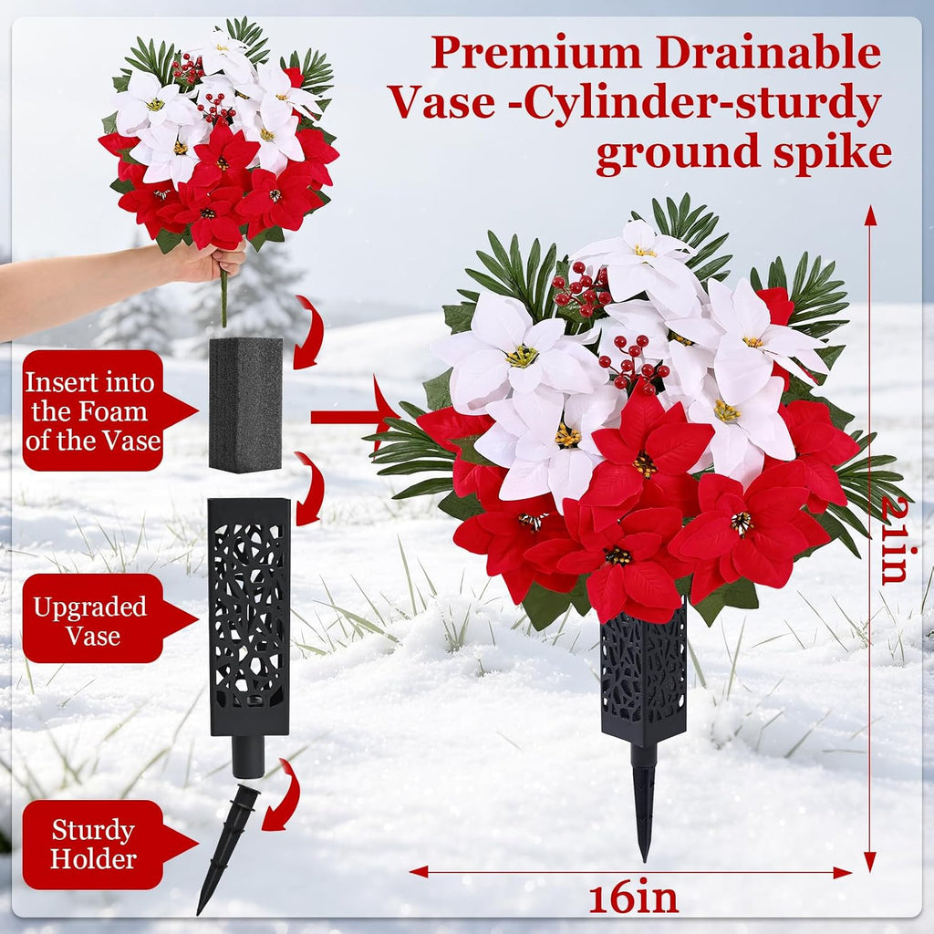 3 sets christmas cemetery flowers for grave, poinsettia, side view