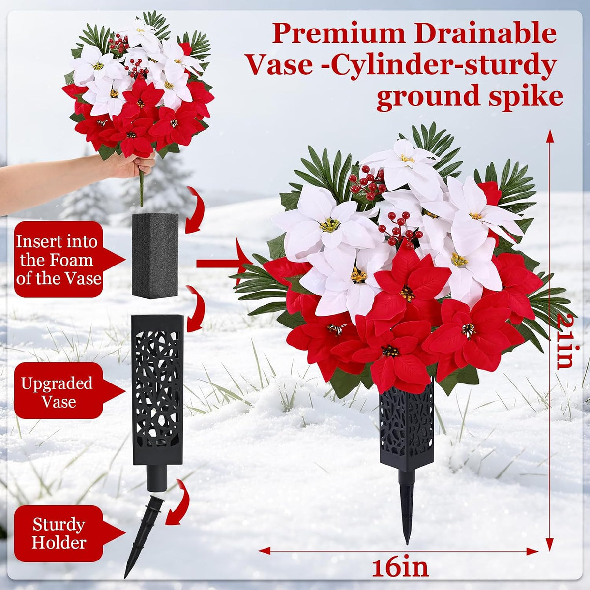 3 sets christmas cemetery flowers for grave, poinsettia, side view