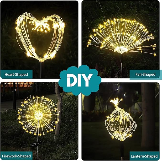 JJGoo Solar Firework Lights, 4 Pack 120 LEDs 2 Lighting Modes Solar Garden Lights Outdoor Waterproof for Yard Patio Walkway Pathway Party Wedding Christmas Decorative - Warm White