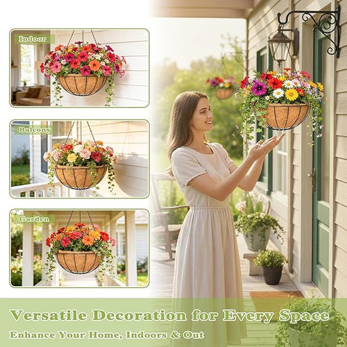4 Pack 12 Inch Hanging Baskets for Plants Outdoor Metal Hanging Planter Hanging Flower Baskets with Coco Fiber Liners Chain Round Wire Plant Holder Hangings Flower Pots(Watermelon)