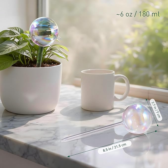 Extra-Thick Clear Glass Plant Watering Globes, Rainbow Gradient Self Watering Globes, Automatic Plant Waterer, Self Watering Planter Insert Spikes Devices for Everyday or Vacation Use, 6-Pack