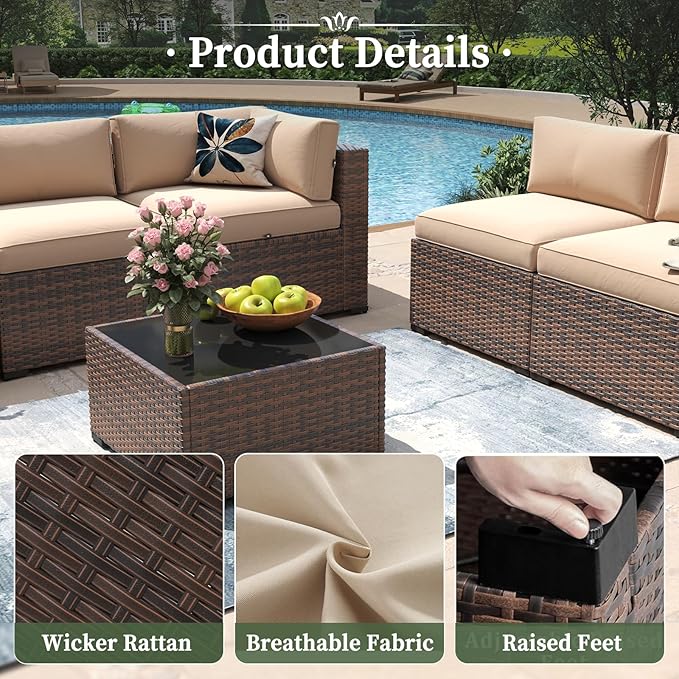 Aoxun 14 Piece Patio Furniture Set Wicker Rattan Patio Conversation Set Outdoor Sectional Sofa Set with Coffee Table and Thickened Cushions, Beige(Waterproof Cover Included)