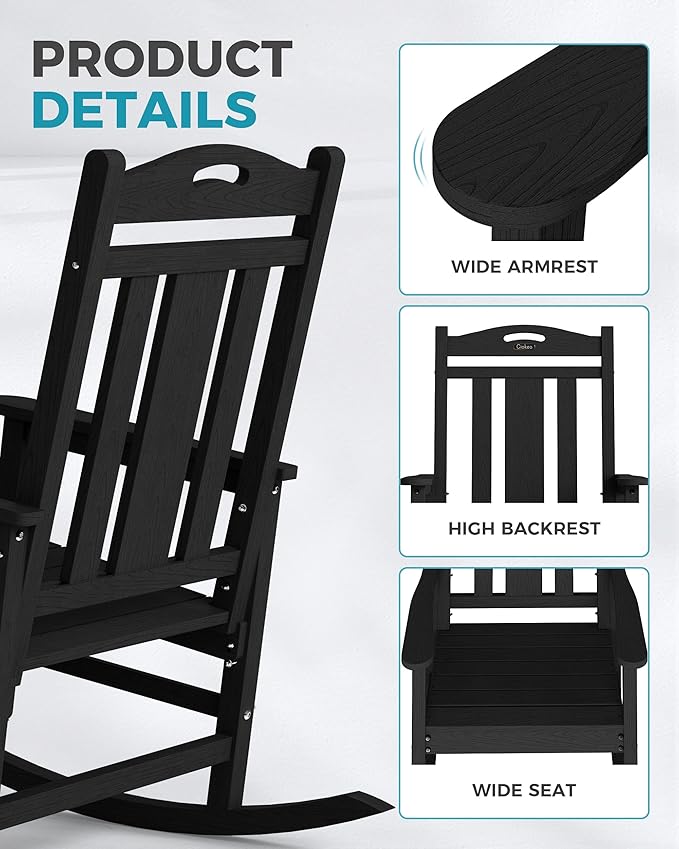 Ciokea Oversized Outdoor Rocking Chairs Set of 2, 380lbs Heavy-Duty Large Patio Rocker, High Back Cozy Porch Chairs, Weather Resistant Patio Rocking Chairs for Outside, Fire Pit, Deck, Black