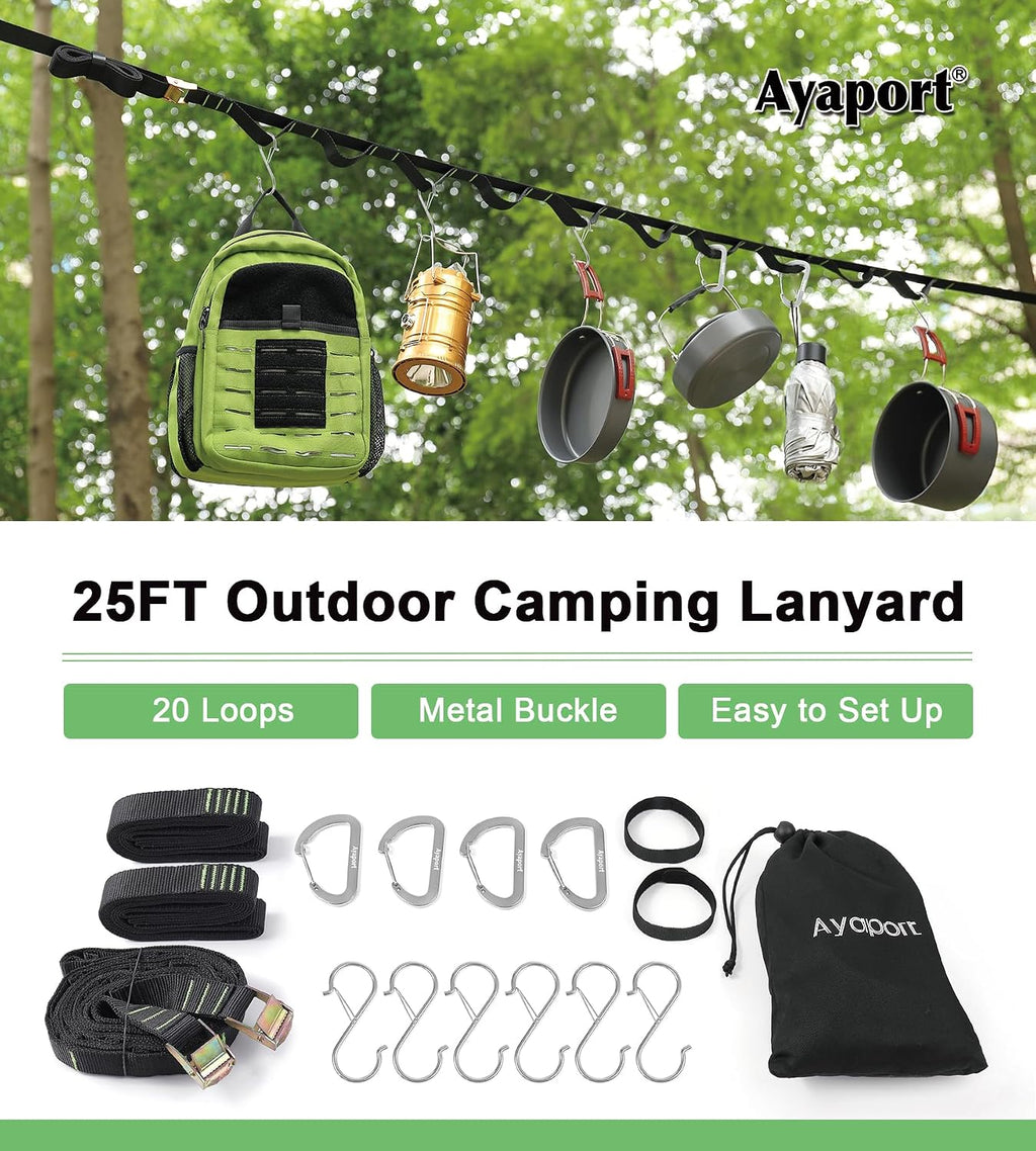 Ayaport Campsite Storage Strap Tent Camping Tree Hanging Organizer with 4 Carabiner Hooks 6 Stainless Steel S Hooks & 20 Separated Loops, Camping Set Travel & Outdoor Camping Gear