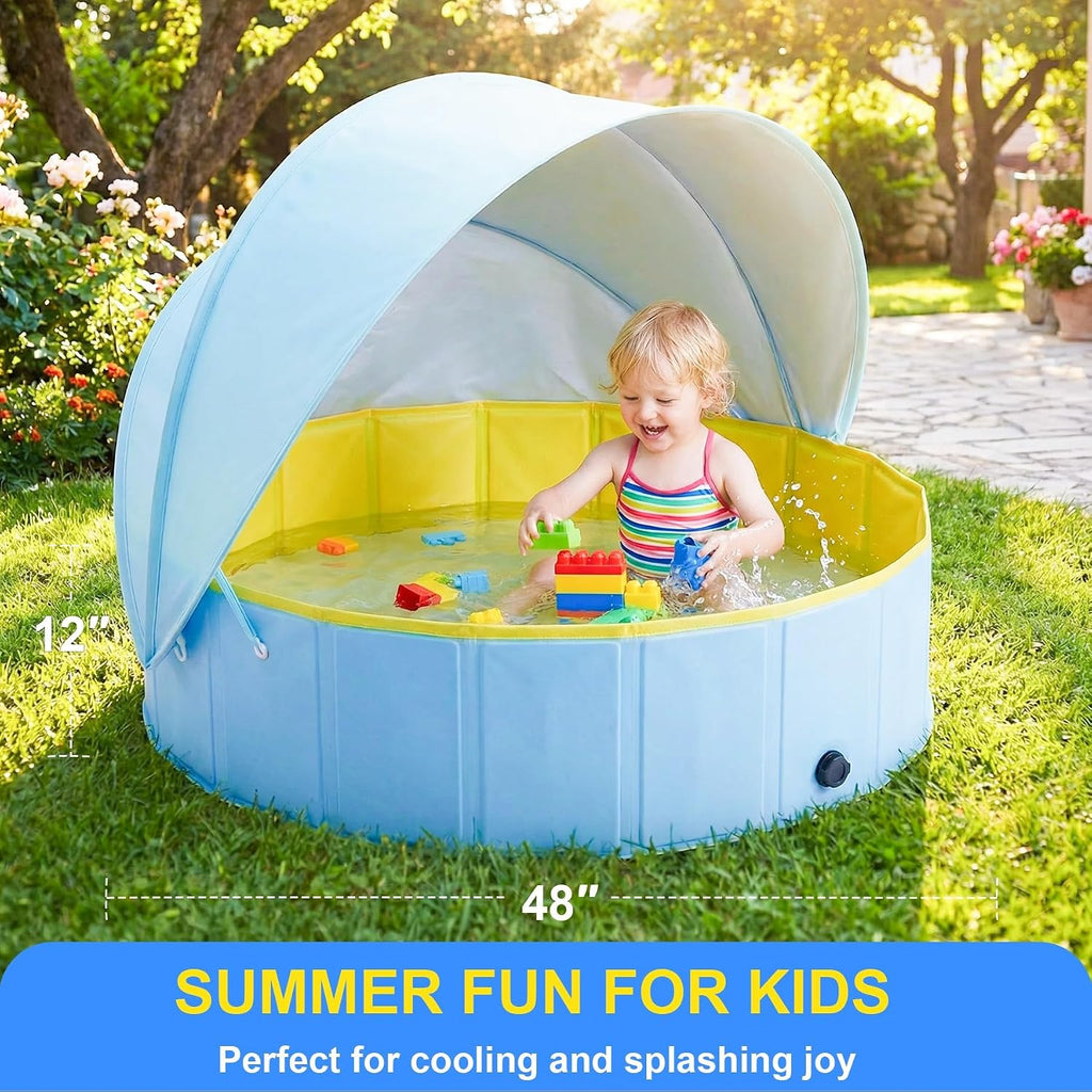 Kiddie Pool with Canopy, Large Foldable Pool Detachable UPF 50+ Sunshade | 48in Pool, Removable Sunshade, Foldable, Non Slip, Swimming Pool Beach Essentials Tent with Shade for Outdoor Backyard Beach