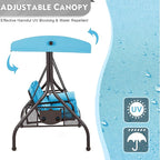 HOMREST 3 Seat Outdoor Porch Swing with Adjustable Canopy, Convertible Patio Swing Bed with Stand, Patio Glider Swing with Upgraded Cup Holder, Thicken Cushions ＆ Pillow for Backyard（Sky Blue）