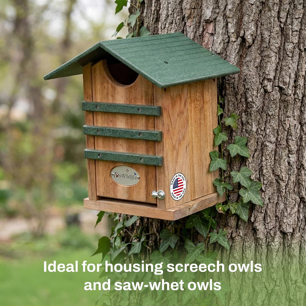 Screech Owl House Cedar Nesting Box with Poly Lumber Roof, Saw-Whet Owl Box for Outside, Drainage Ventilation, Easy Cleanout, Made in USA, Green