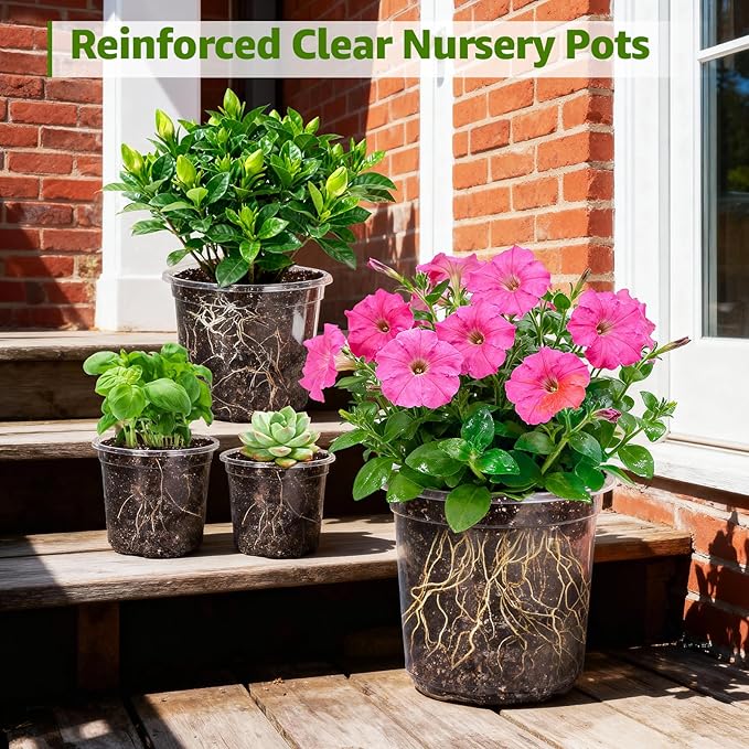 MIXC Clear Nursery Pots with Drainage Holes, 7/5/4 Inch Reinforced Transparent Plastic Seed Starter Pots, for Indoor Outdoor Gardening Seedling Planter, 30 Pack