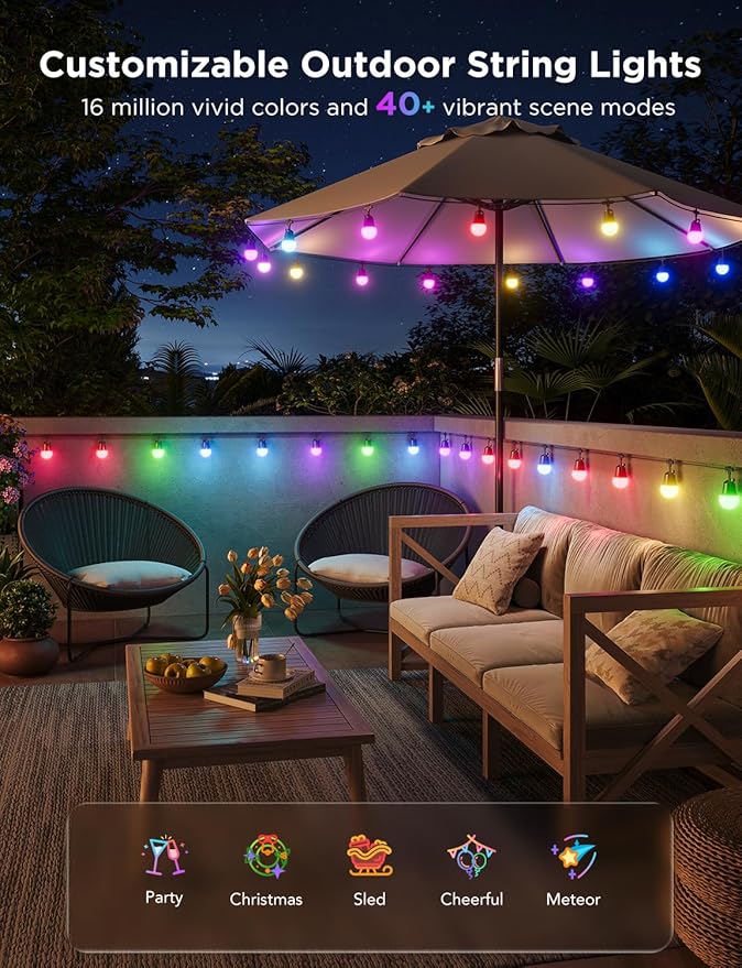 Govee Smart Outdoor String Lights 2, 96ft RGBIC Outdoor Lights with Dimmable Warm White LED Bulbs, 47 Scene Modes for Patio, Backyard, IP65 Waterproof, Compatible with Alexa, App Control