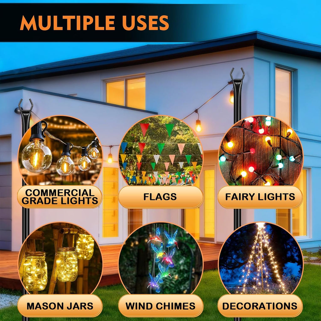 String Light Poles, 10 FT, 6 Pack, Ground & Fence Mount | Heavy-Duty Steel, 5-Prong Stable Base, Powder-Coated Finish, Rust Resistant, Outdoor Lighting & Décor, Patios, Backyards