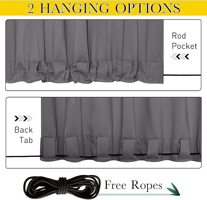 NICETOWN 2 Panels Outdoor Curtains for Patio Waterproof & Windproof, Extra Wide Grommet & Back Tab on Top & Bottom Thermal Insulated Sun Blocking Drapes with Rope for Gazebo, Grey, W100 x L108