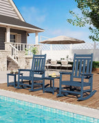 GarveeLife Poly Lumber Rocking Chair Outdoor Set of 2 with Side Table - HDPE High Back Porch Rocker Chairs for Adults - All Weather Resistant Furniture for Patio - Navy Blue