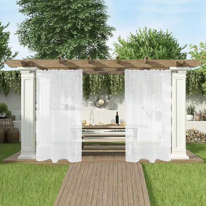SpaceDresser Waterproof Outdoor Sheer Curtains for Patio - 2 Panels Rod Pocket Indoor Voile Sheer Curtain for Living Room,100W x 120L inch, White