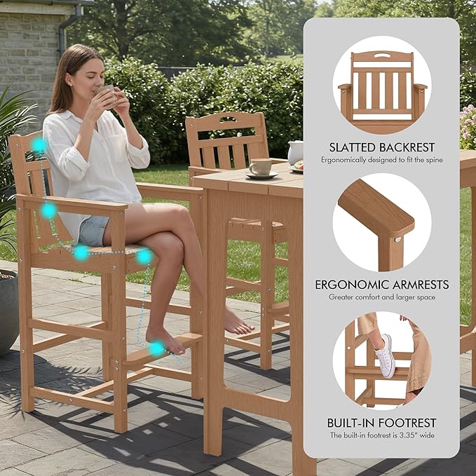 Ciokea Outdoor Bar Height Table Set of 5, 60" Extra Long Rectangle High Top Table and 4 Oversized Adirondack Chairs Set, Heavy-Duty All-Weather HDPE Patio Bar Set for Backyard Balcony Deck, Teak