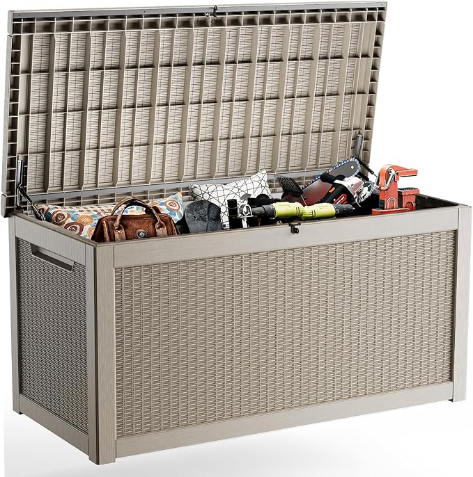 320 Gallon Outdoor Deck Box, Lockable Waterproof Outdoor Storage Boxes For Garden Tools,Indoor Cushions,Accessories Outside Storage Resin Weatherproof Container(Grey)
